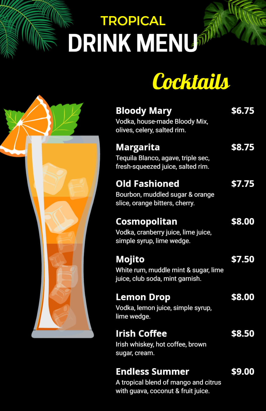 Black decent drink menu template