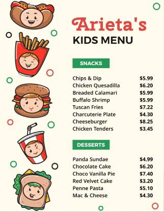 Arieta's Kids Menu Template