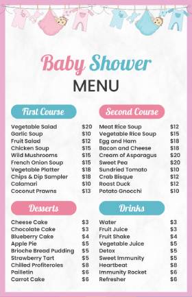 Baby Shower Cute Menu Template
