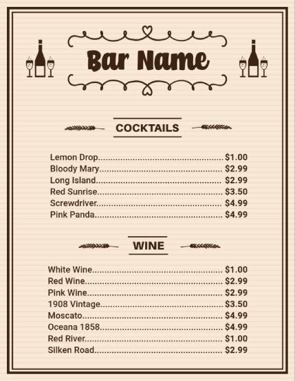 Wine Bar Menu Design Template