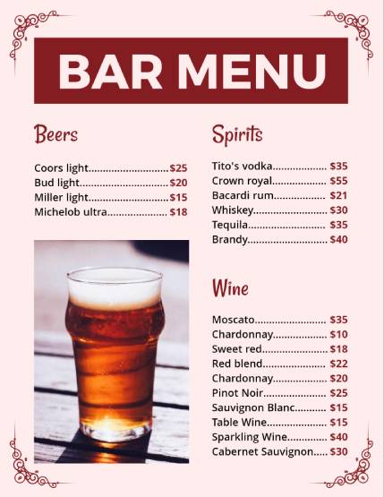 Bar Menu Design Templates Free Editable Downloadable