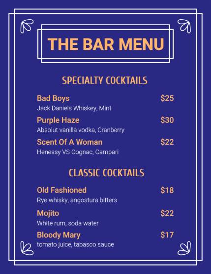 Bar Menu Design Template