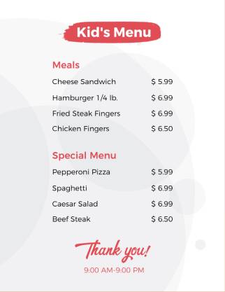 White Playful Kids Menu