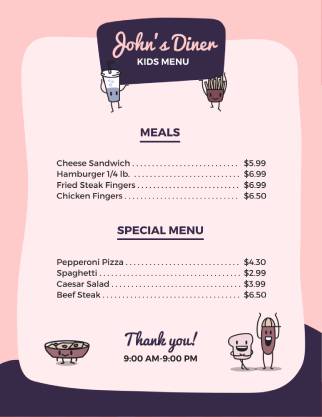 Dinner Kids Menu Template