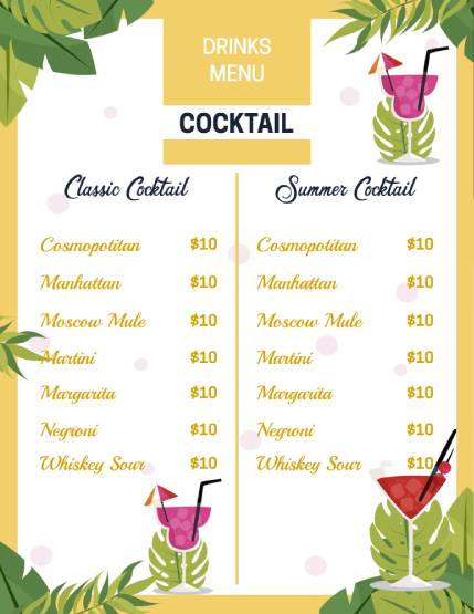 Drink Cocktail Menu Template