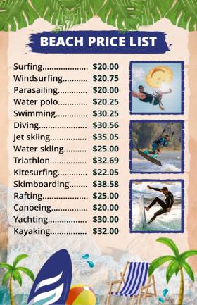 Beach Price List Template