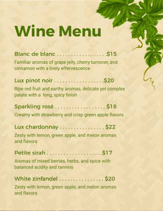 Green Wine Menu Template