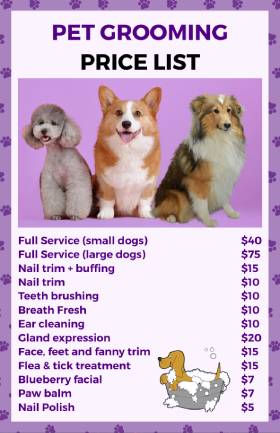 Pet Grooming Price List Template