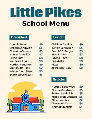 Yellow & Blue Schooltime Kids Menu