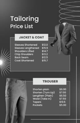 Tailoring Price List Template