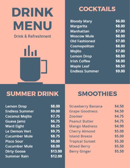 Summer Cocktail Menu Template