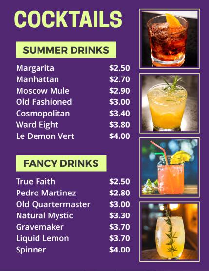 Summer Drink Cocktail Menu Template