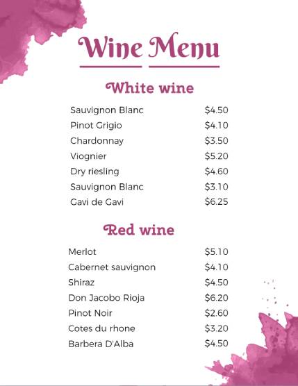 White Wine Menu Template