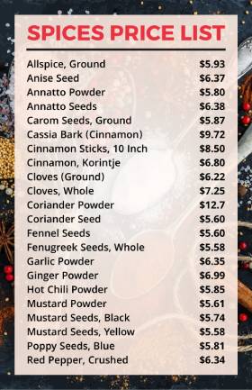 Spices Price List Template