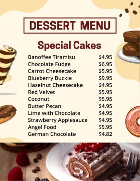Special Cakes Dessert Menu Template