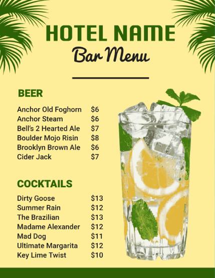 Summer Bar Menu Design Template