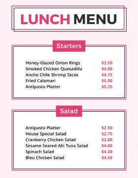 Pink Lunch Menu Template