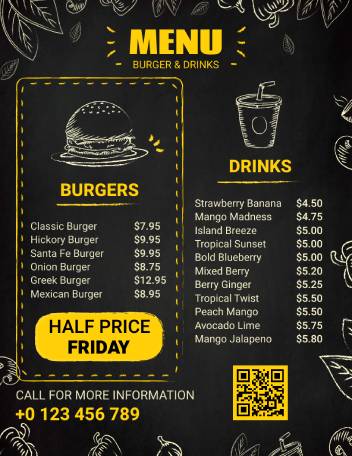 Burger & Drink Chalkboard Menu Templates