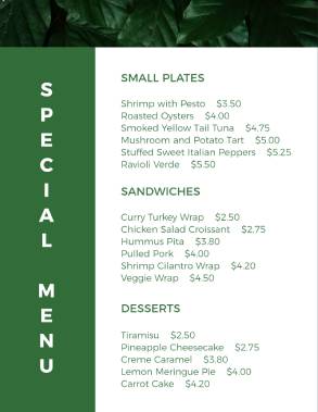 Special Hotel Menu Template