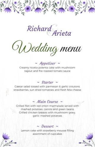 Purple Flower Wedding Menu Template
