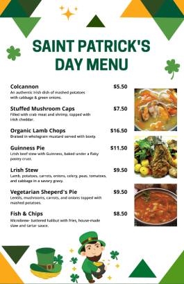 White St. Patrick's Day Menu Template