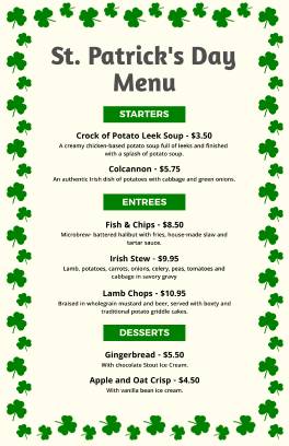 White St. Patrick's Day Menu Template