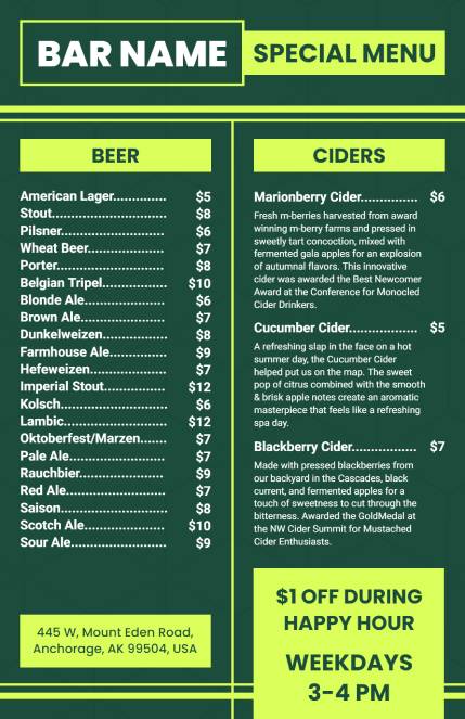 Vibrant Bar Menu Design Template