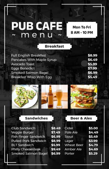 Pub Cafe Bar Menu Design Template