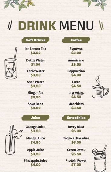Elegant drink menu template
