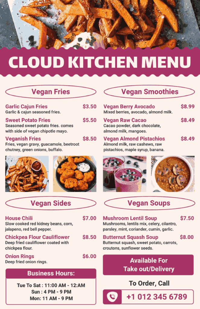 attractive cloud kitchen menu design template with timing and contact information