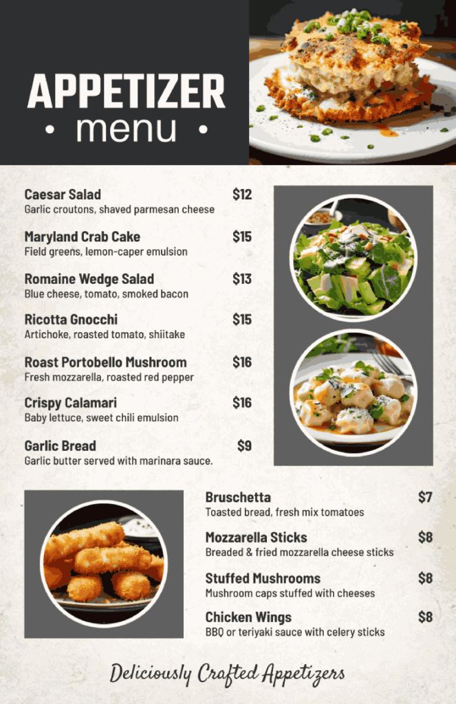 Classic Appetizer Menu Design for Restaurants and Events