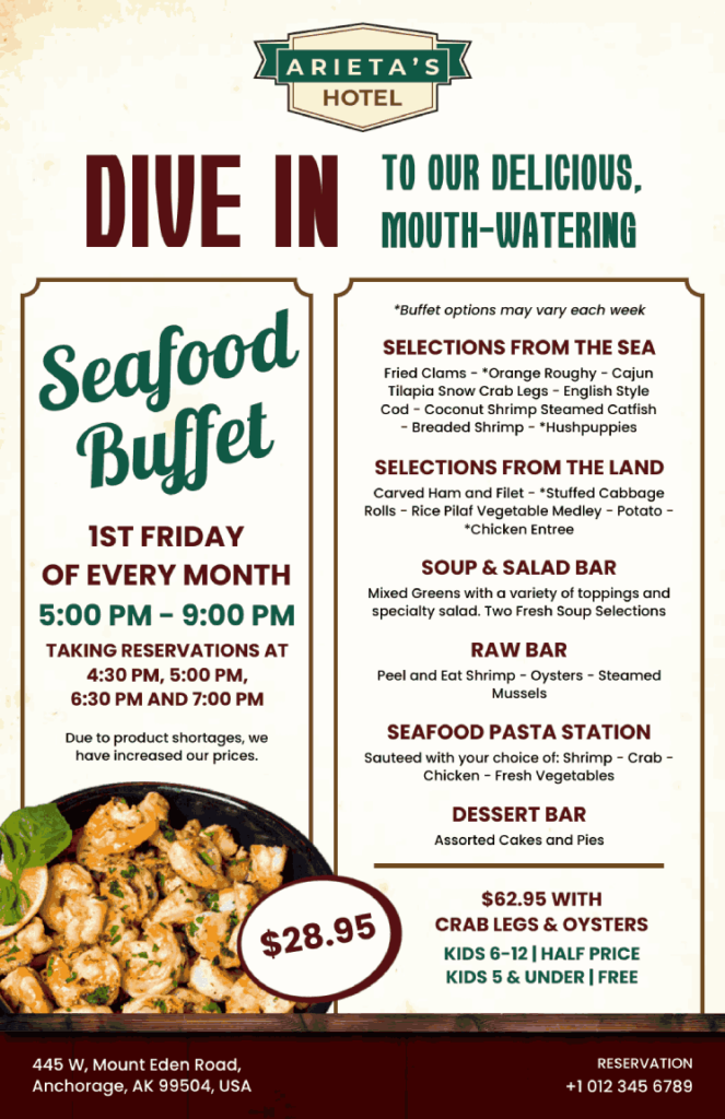 delicious seafood buffet menu design with various sections