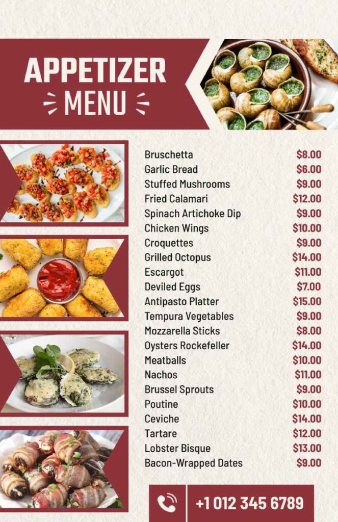elegant appetizer menu design with contact detail