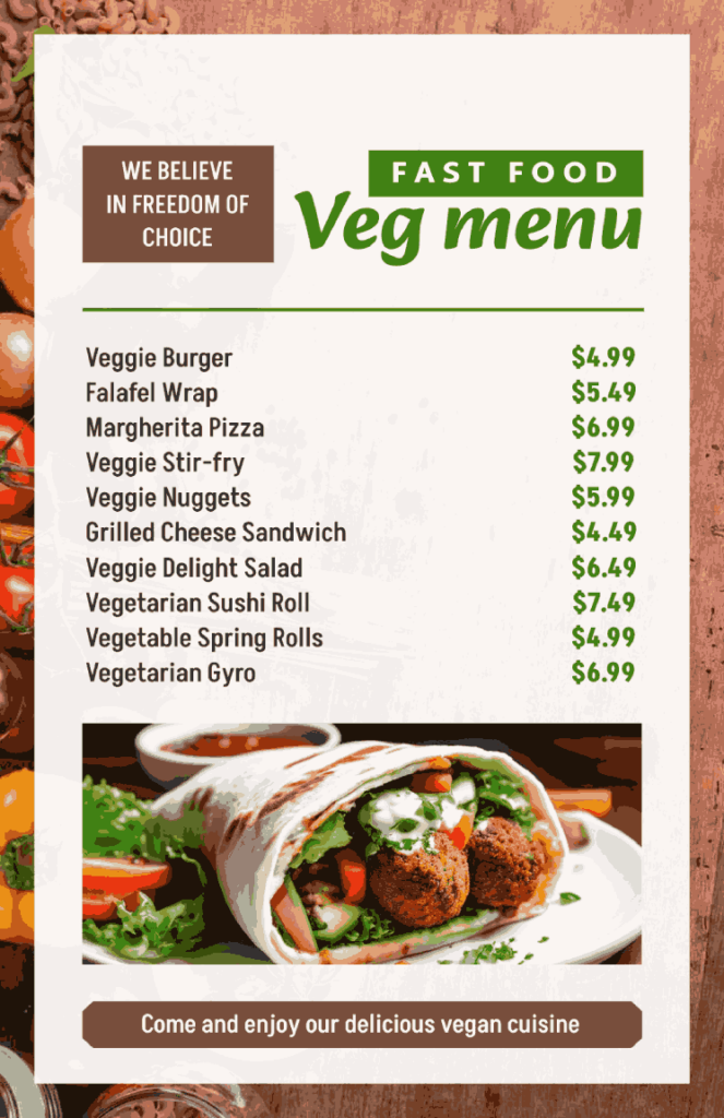 fast food veg menu design template with wooden background