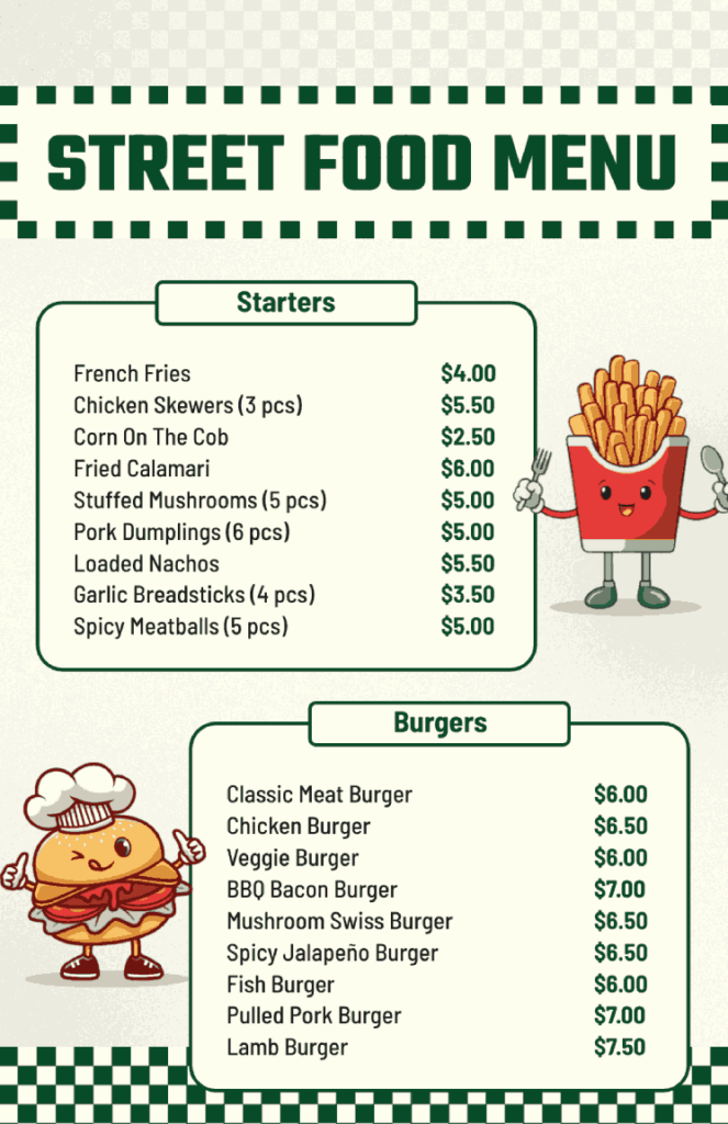 minimal street food menu design template with green fonts