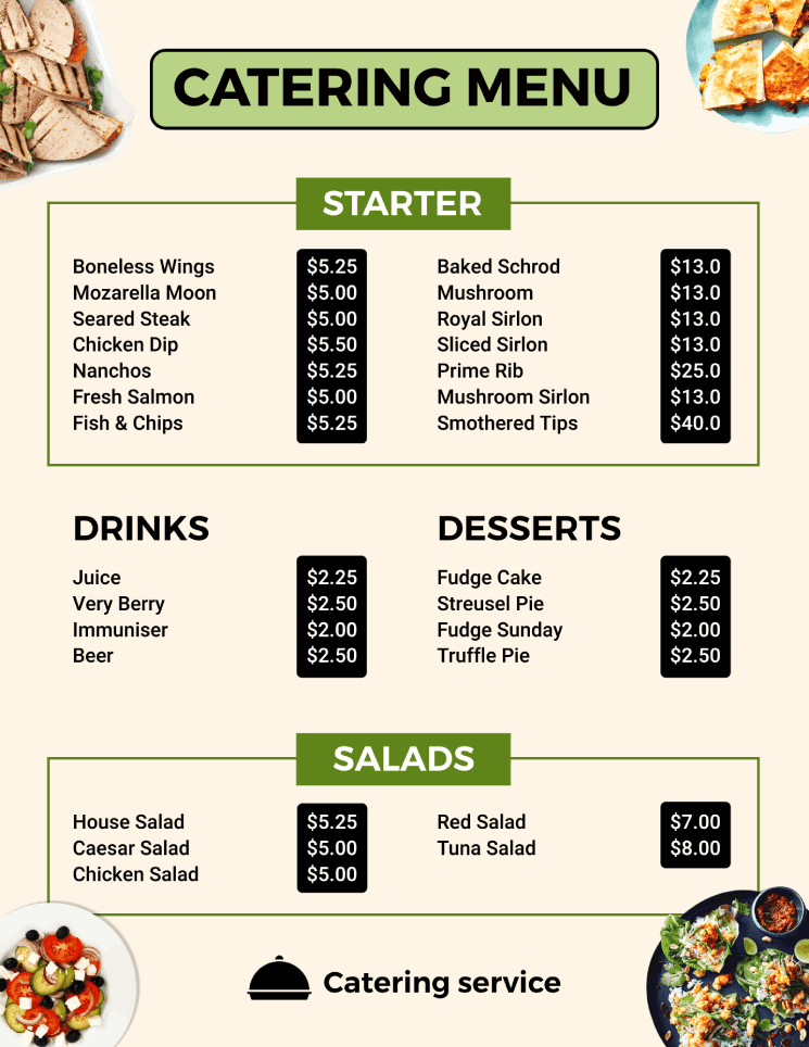 modern catering menu design template with sections