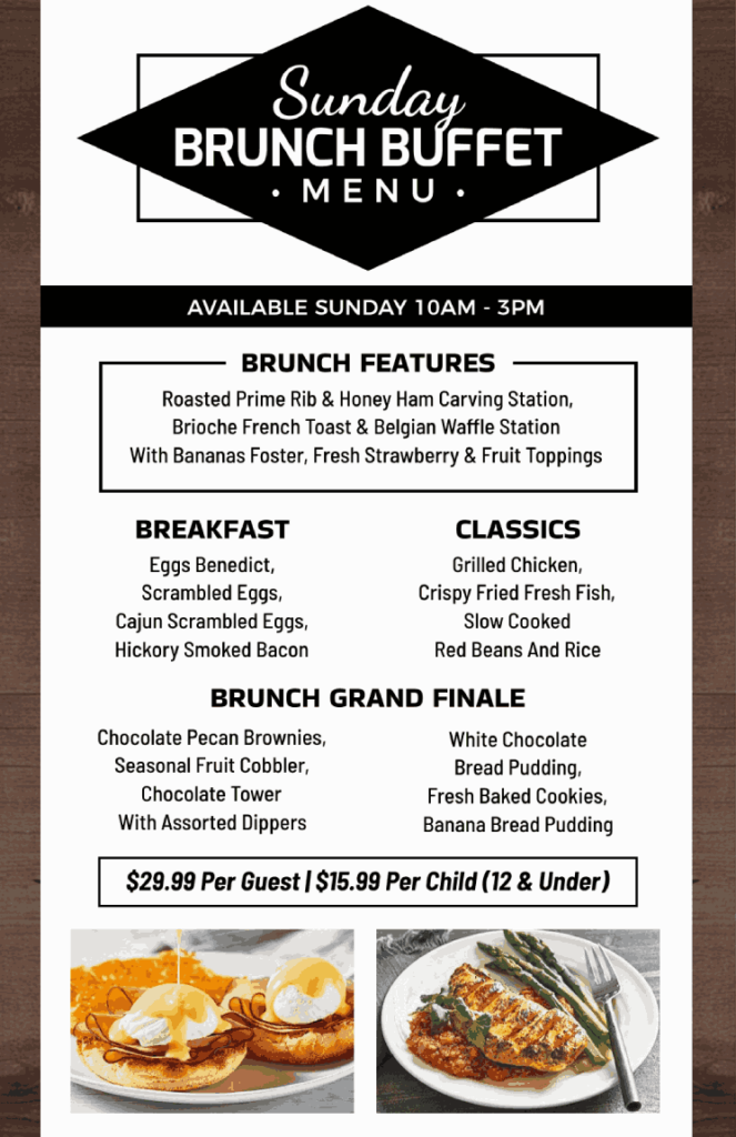 simple sunday brunch buffet menu template with some wooden touch