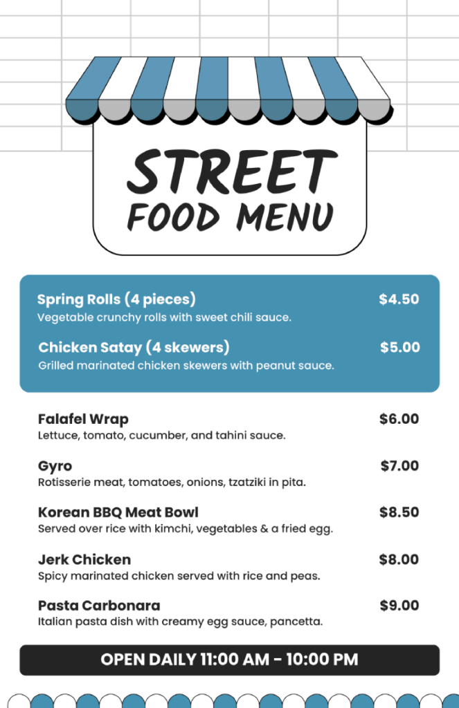 stylish street food menu design template with white and blue background