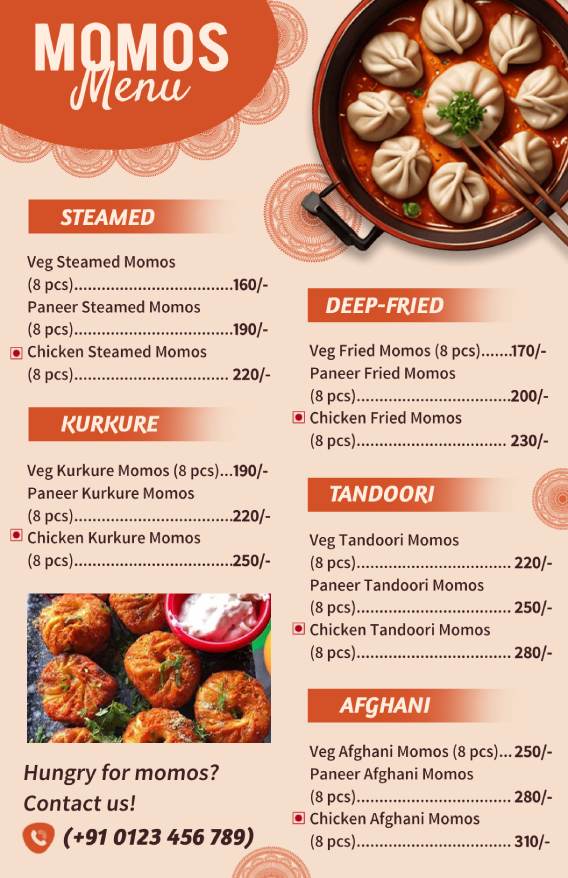 classic momos menu design template with spicy orange touch