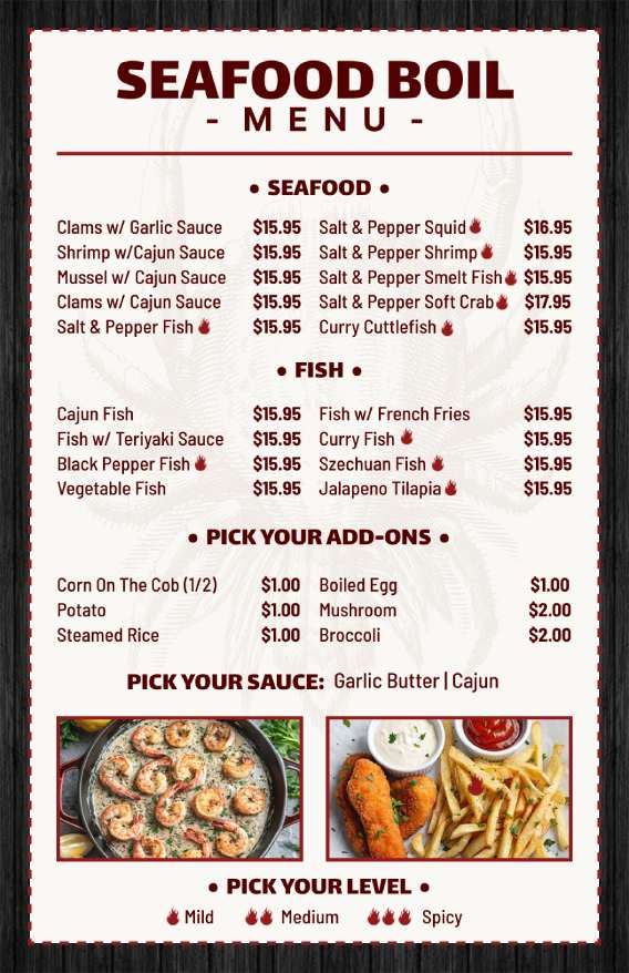 classic seafood menu design template with white background and wooden border