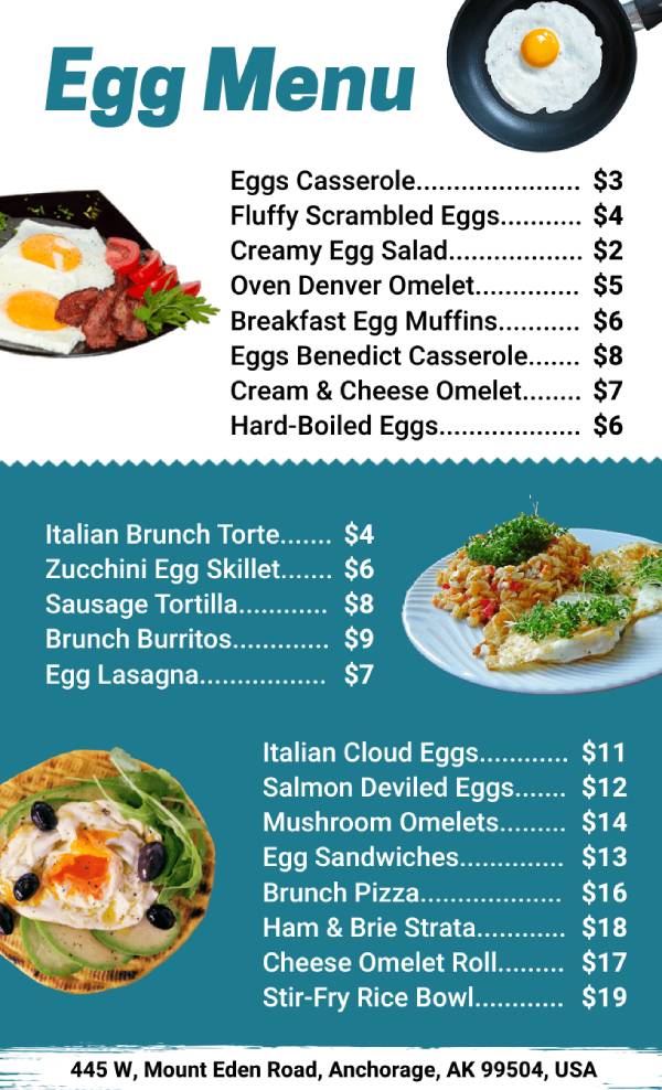 casual egg menu template with a simple layout