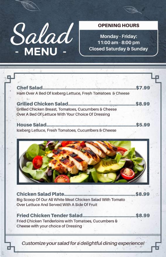creative salad menu design template with grunge texture