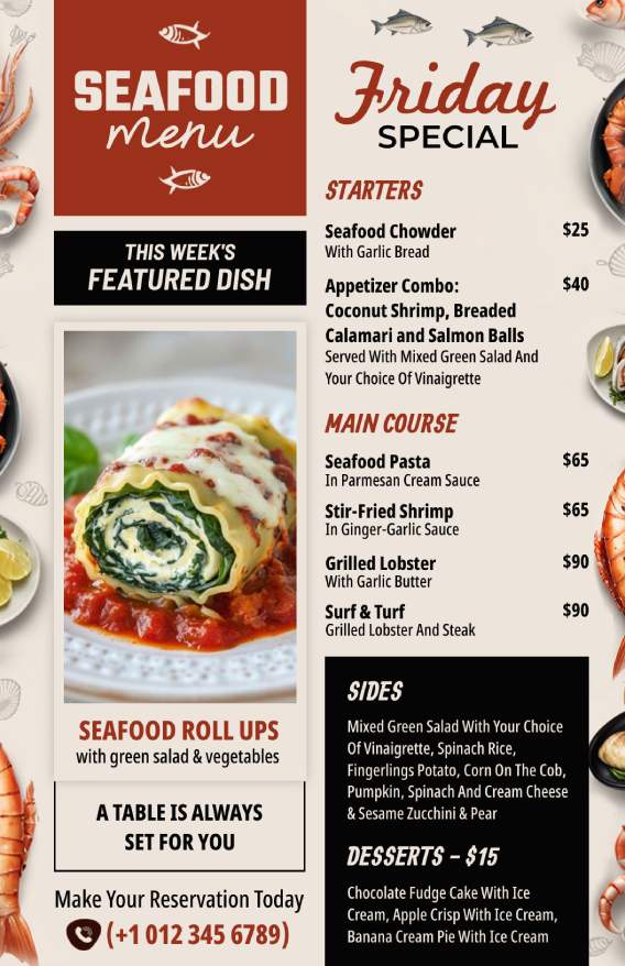 creative seafood menu design template with captivating fishery background