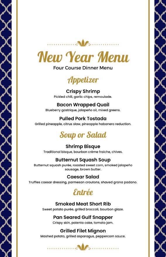 elegant new year menu template with golden color fonts and blue border