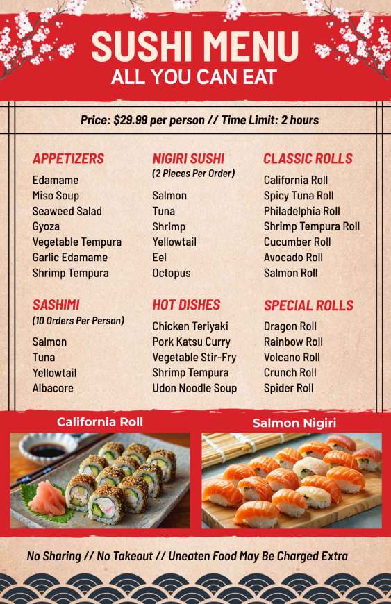 elegant sushi menu design template with various dishes sections