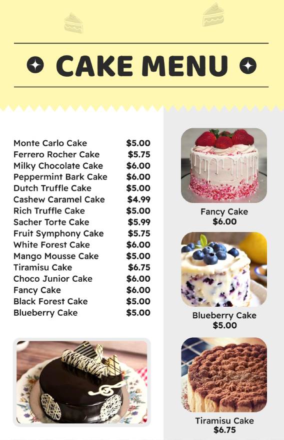 simple cake menu design template with a straightforward layout