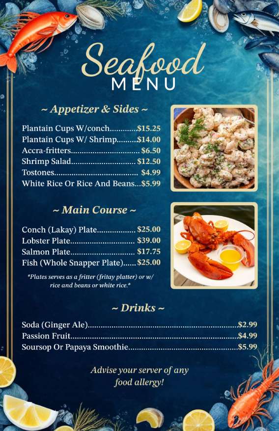 modern seafood menu design template with creative fishery elements