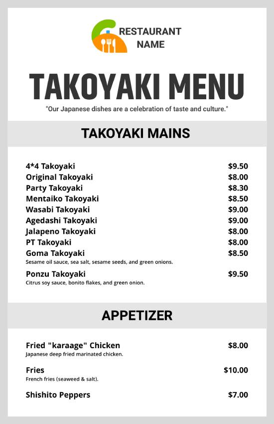 minimal takoyaki menu design template with simple elements