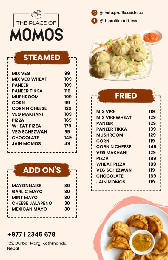 stylish momos menu design template with contact and address details