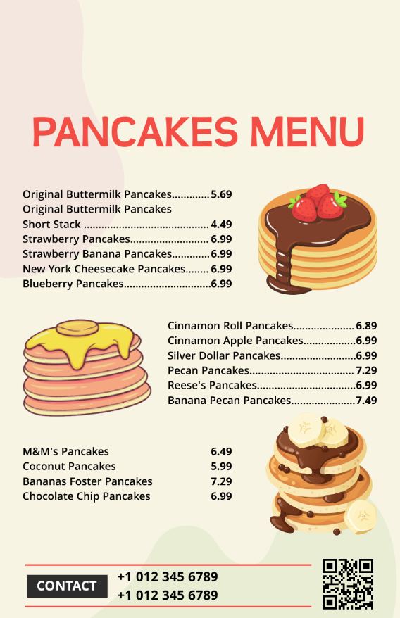 stylish pancake menu design template with delicious pancake dishes